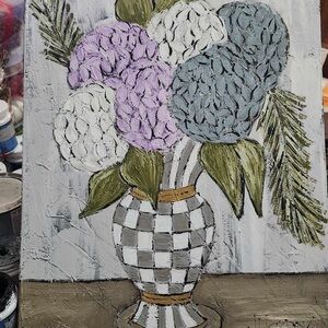 Makenzie Childs inspired Floral Still Life Painting with Checkered Vase